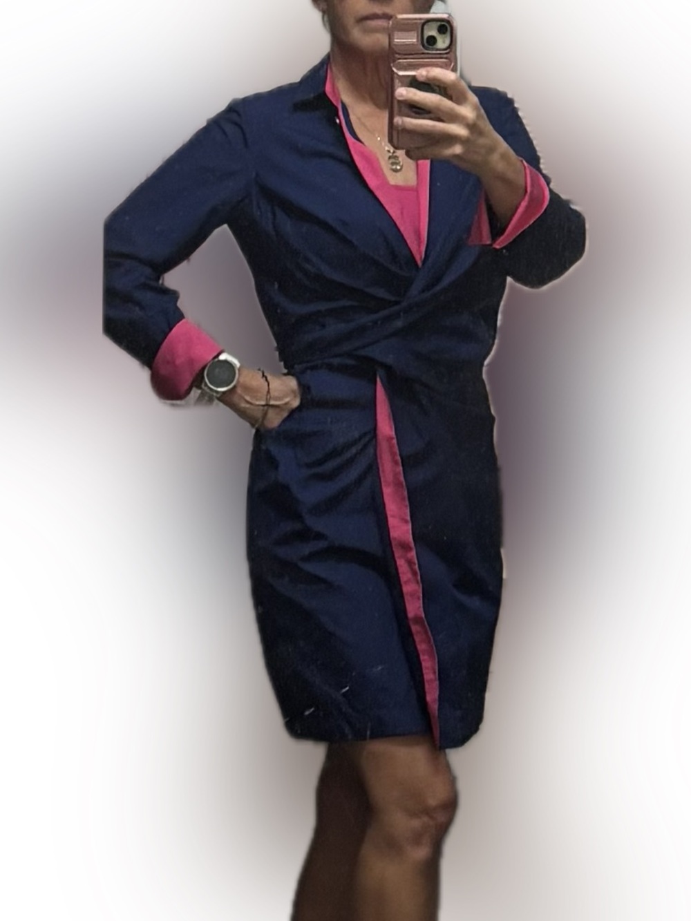 Dovima Paris Navy wrap dress with fuschia Trim